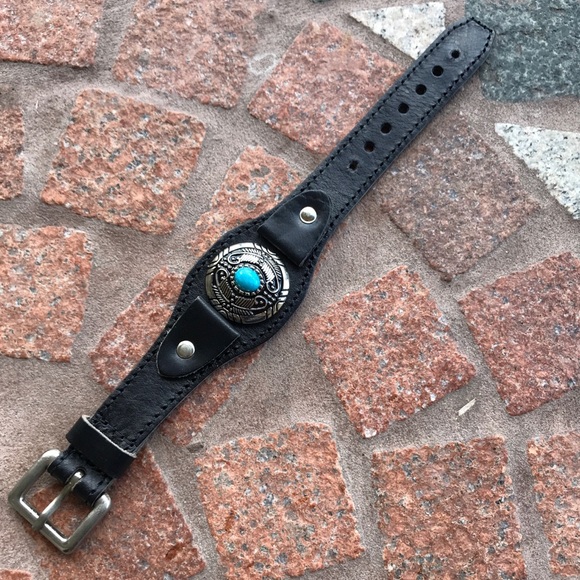 Handmade Black leather cuff silver totem blue gem - Picture 5 of 8